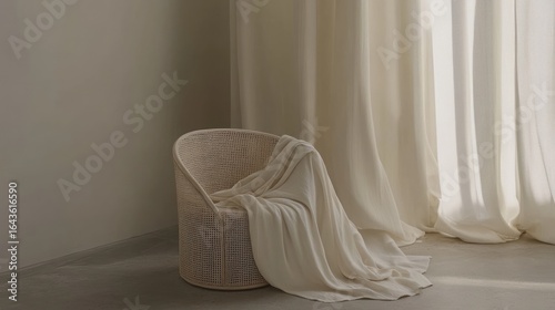 Minimalist interior with rattan chair draped in soft blanket near sheer curtains