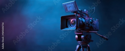 The professional camera poised for dynamic videography in vibrant lighting.