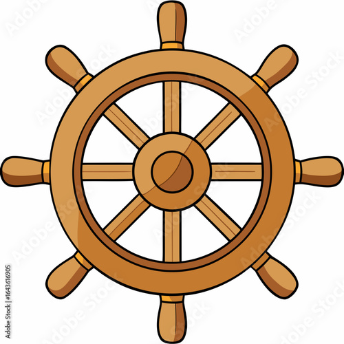 A classic wooden ship s wheel with eight spokes and a central hub isolated on a white background