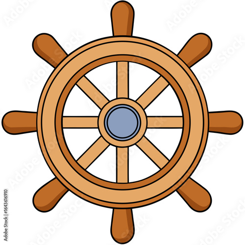 A classic wooden ship s wheel with a blue center and eight spokes isolated on a white background