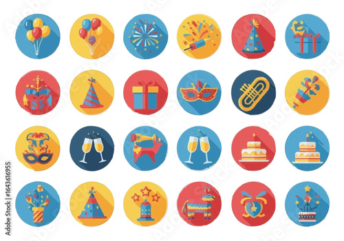Set of flat party icons with long shadow style. Birthday, new year, and celebration event symbols collection.