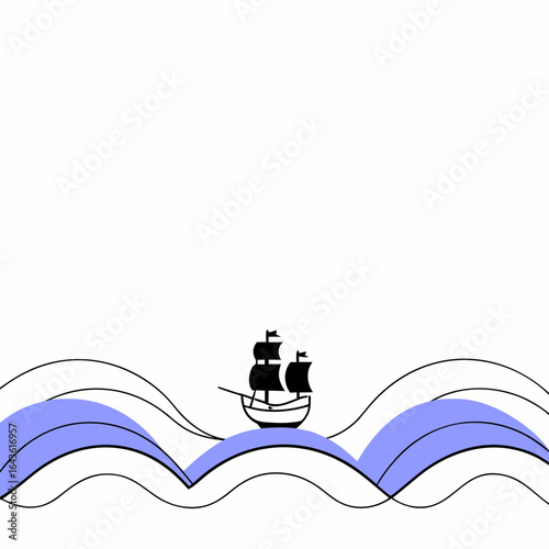 A minimalist illustration of a black silhouette of a sailing ship on blue waves with white space above