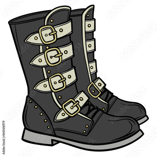 A pair of stylish black leather boots with multiple gold buckles and straps detailed with gold studs