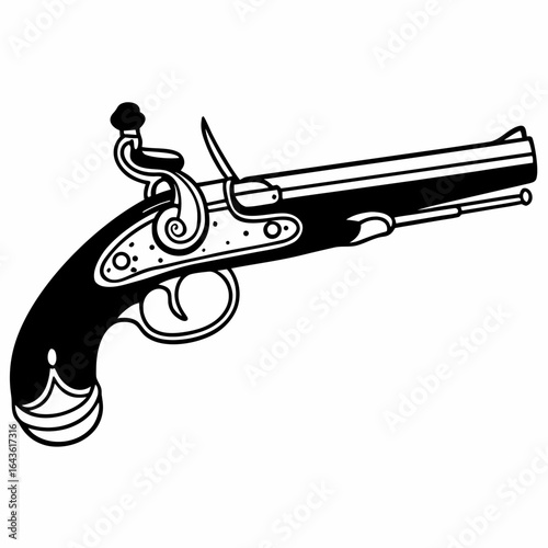 Black and white illustration of a vintage flintlock pistol with ornate detailing on the handle and barrel