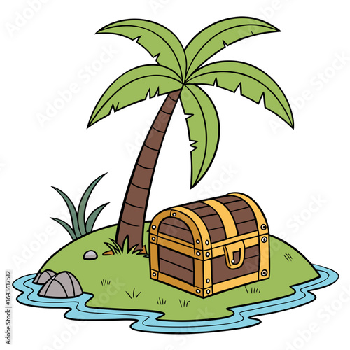 Cartoon treasure chest on a small tropical island with a palm tree and blue water