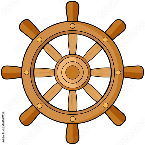 Classic wooden ship s wheel with eight spokes and a central hub isolated on a white background