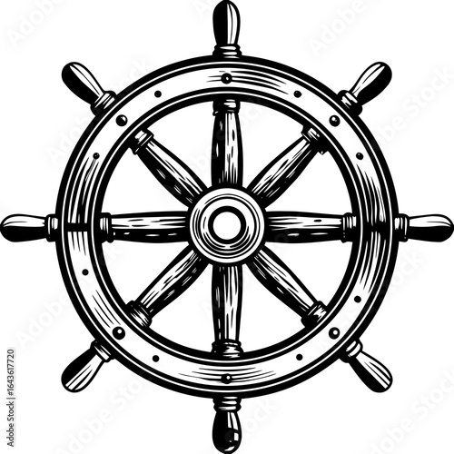 Classic wooden ship s wheel in black and white illustration isolated on white background