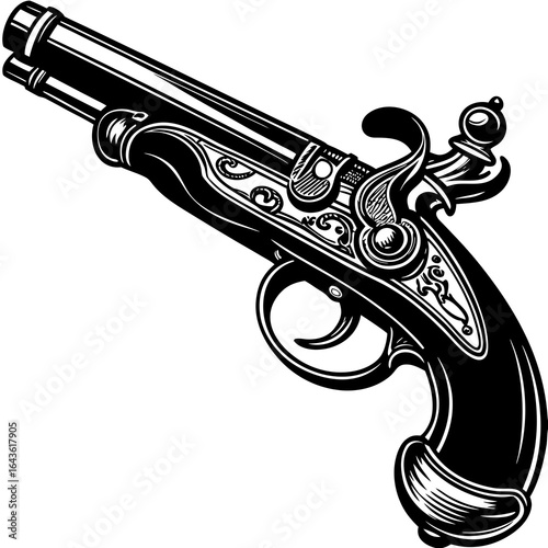 Detailed black and white illustration of a vintage flintlock pistol with ornate decorative elements and a curved trigger guard