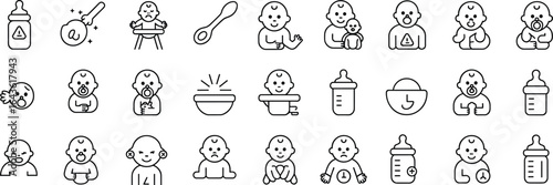 Baby care icons including feeding bottles and babies with pacifiers infant