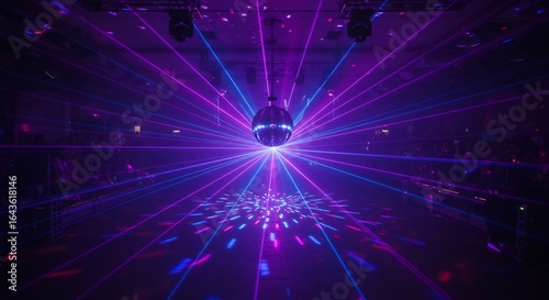 A Central Disco Ball Explodes with Radiant Purple and Blue Laser Beams