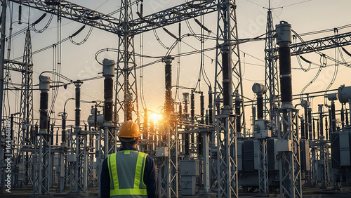Engineer in Hardhat Surveys a High-Voltage Substation with Sparks at Sunset