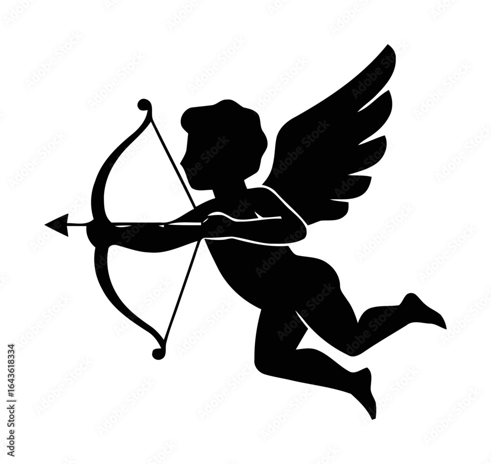 Fototapeta premium Modern Minimalist Cupid Silhouette Vector Icon - Geometric Black and White Love Symbol