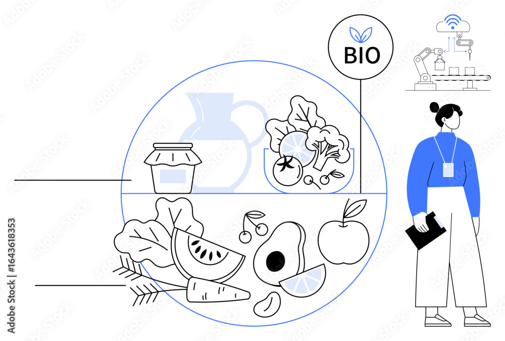 Obraz premium Fresh produce including fruits, vegetables, and dairy tagged as organic. Woman observing smart farming tech. Ideal for sustainability, farming, bio-certification, innovation, nutrition eco-living