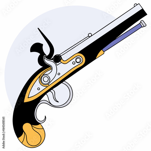 Stylized illustration of a vintage flintlock pistol with a black handle and gold accents against a light blue circular background
