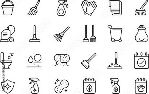 Cleaning supplies and tools icon set for household chores vector