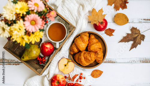 Autumnal Breakfast: Croissants Tea and Fruit.