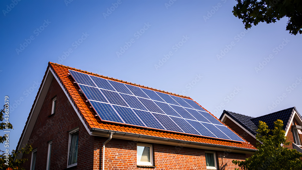 Fototapeta premium Modern Solar Panels on the Red Tiled Roof of a Brick House on a Sunny Day