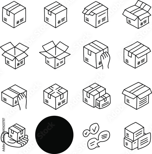 Isometric delivery and packaging icon set. Vector line art of cardboard boxes, shipping, and logistics symbols for e-commerce.