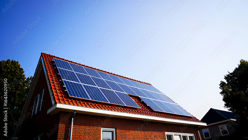 Fototapeta premium Modern Solar Panels on the Red Tiled Roof of a Brick House on a Sunny Day