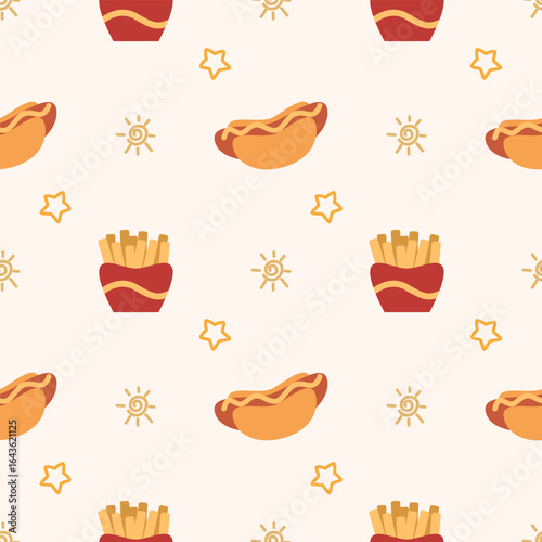 French fries and hot dog cartoon so cute. On sun star background. Pattern seamless vector illustration. 