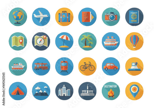 Diverse collection of vibrant flat design travel and tourism icons featuring global destinations, transportation modes, vacation essentials, and adventure symbols, perfect for web and app interfaces.