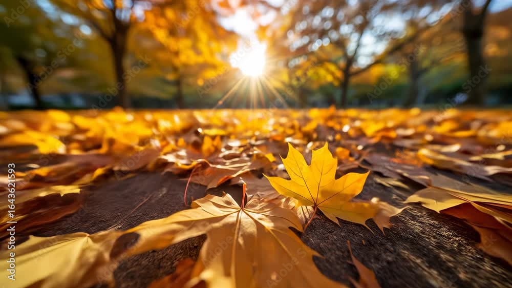A beautiful autumn background with golden leaves on the ground in a ...