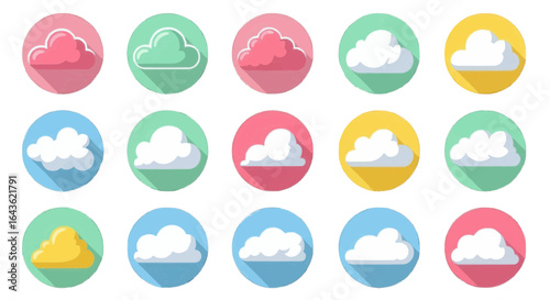 Collection of cute cloud icons in a flat design style. Weather symbols with long shadows on colorful circular backgrounds for web or app.