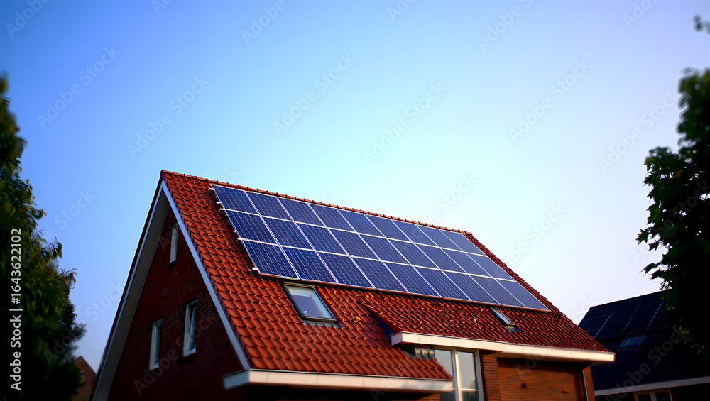Fototapeta premium Modern Solar Panels on the Red Tiled Roof of a Brick House on a Sunny Day