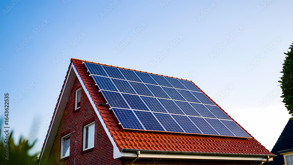 Fototapeta premium Modern Solar Panels on the Red Tiled Roof of a Brick House on a Sunny Day