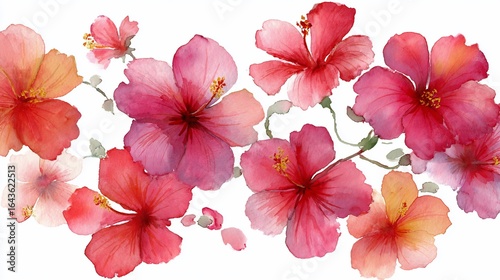 Watercolor Hibiscus Flowers Border Displaying Vibrant Colors on White Background