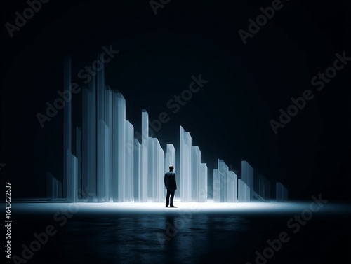 A businessman stands on a lighted floor gazing at an illuminated data chart in a dark space