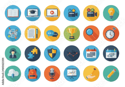Education and Business Flat Design Icon Set on Round Backgrounds for Websites and Applications