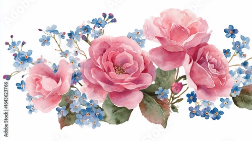 Watercolor Roses and Forget-Me-Nots Displayed on White Background