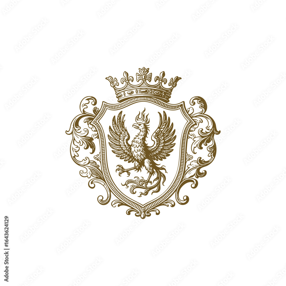 Fototapeta premium phoenix royal crest logo features intricate engraving-style details, symbolizing rebirth, power, and nobility
