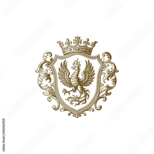 phoenix royal crest logo features intricate engraving-style details, symbolizing rebirth, power, and nobility