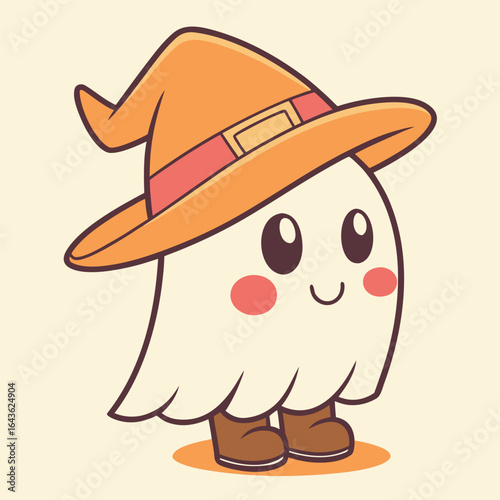 Smiling ghost wearing witch hat and small boots happily celebrates Halloween with cuteness