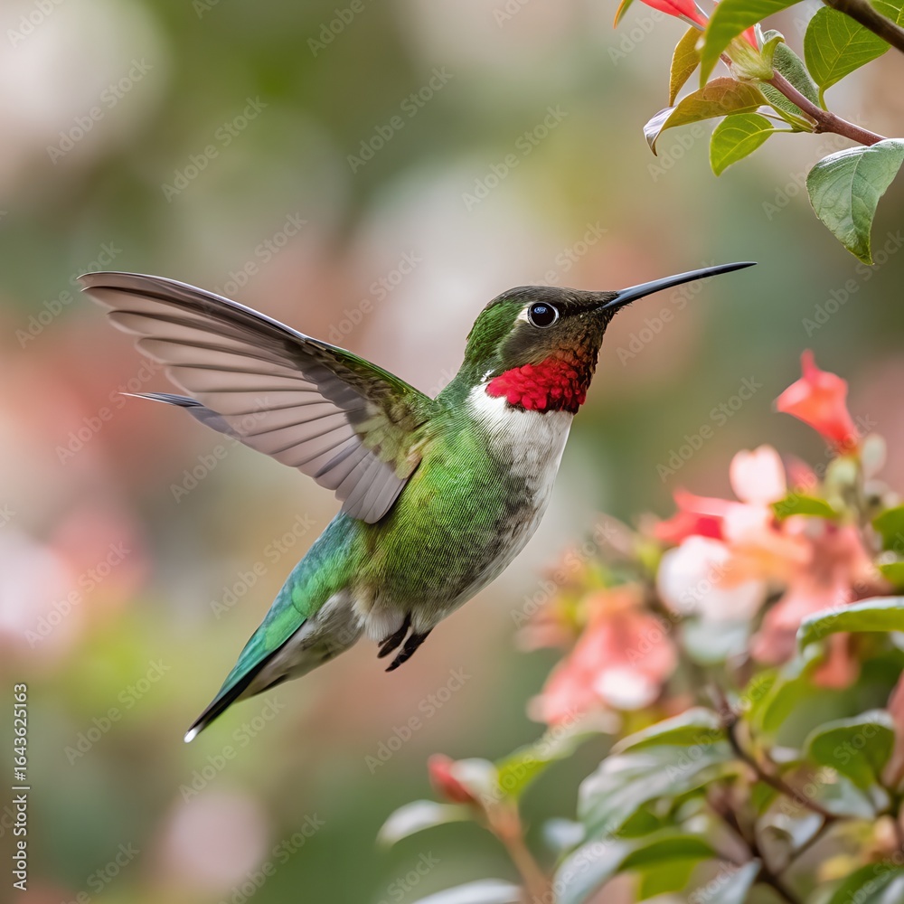 Fototapeta premium Hummingbird flying and perching on branch and flower in nature