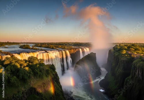 Majestic Victoria Falls at Dawn, Bridging Continents with Rainbows and Splendor