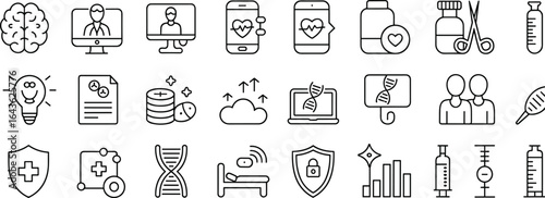 Medical and healthcare icons including brain D N A and medical equipment science