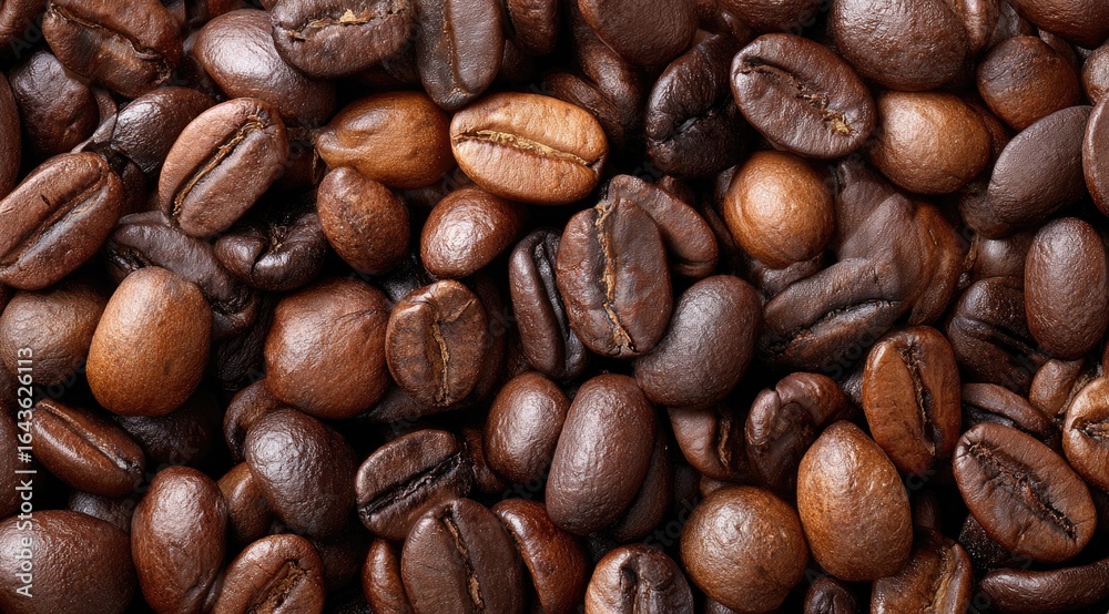 Naklejka premium Close-up of numerous dark brown and light brown roasted coffee beans, filling the frame, showcasing their varied shapes and sizes, with a rich, textured surface