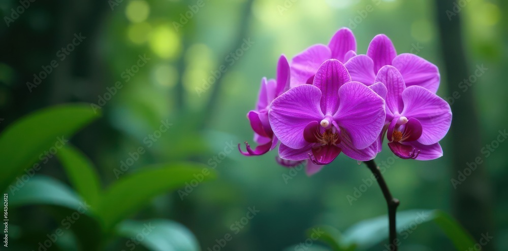 Fototapeta premium Deep purple orchid cluster, rainforest canopy backdrop, photography, jungle, nature