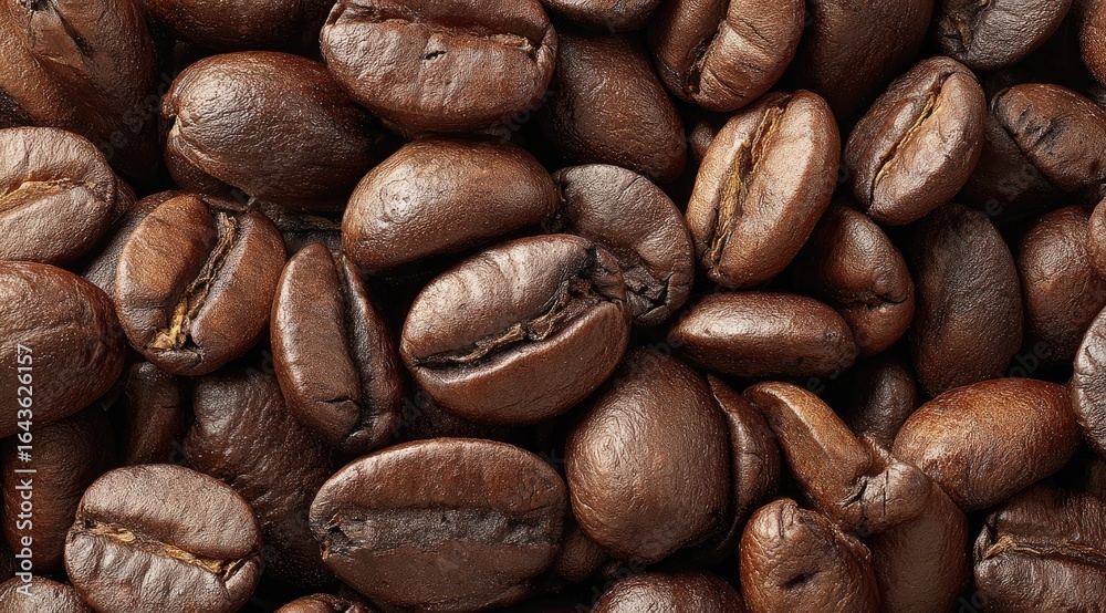 Naklejka premium Close-up of numerous dark brown roasted coffee beans, exhibiting a rich, textured surface and subtle variations in shade and form