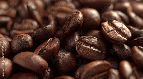 Close-up of numerous dark brown roasted coffee beans, some in sharp focus, others blurred, showcasing their rich texture and subtle sheen