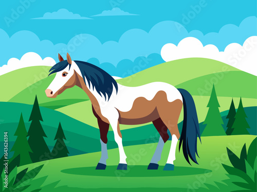 Beautiful horse grazing in a lush green meadow surrounded by hills and trees