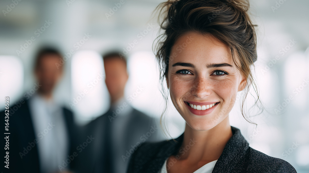 Obraz premium Close Up of Cheerful Woman in Bright Indoor Corporate Setting 