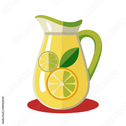 Refreshing pitcher of lemonade with lemon slices and fresh leaves on a table