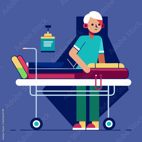 Person on a gurney being assisted by a healthcare worker in a medical setting