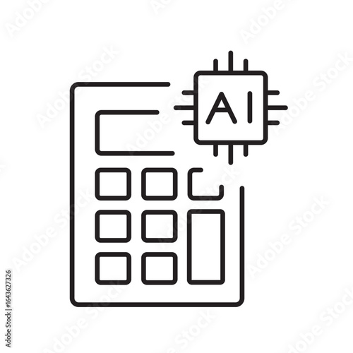 A vector icon of a calculator with an AI chip, representing smart financial calculations powered by artificial intelligence, created in line style with editable stroke