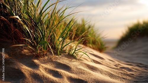 Close up of sunlit sand dunes with marram grass casting long shadows Peaceful natural coastal landscape at golden hour