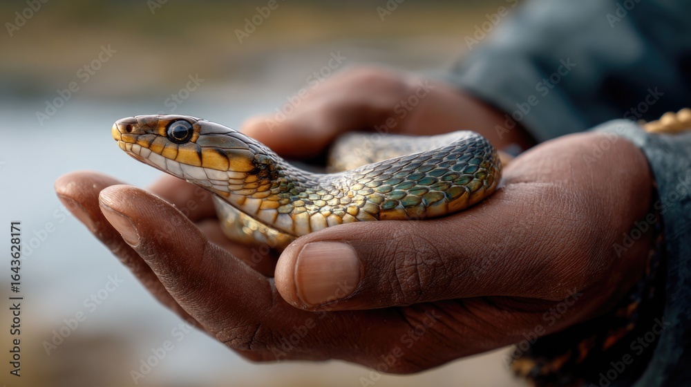 Fototapeta premium close-up shot of a handler holding a snake shiny scales catch and reflect light vividly toward the camera